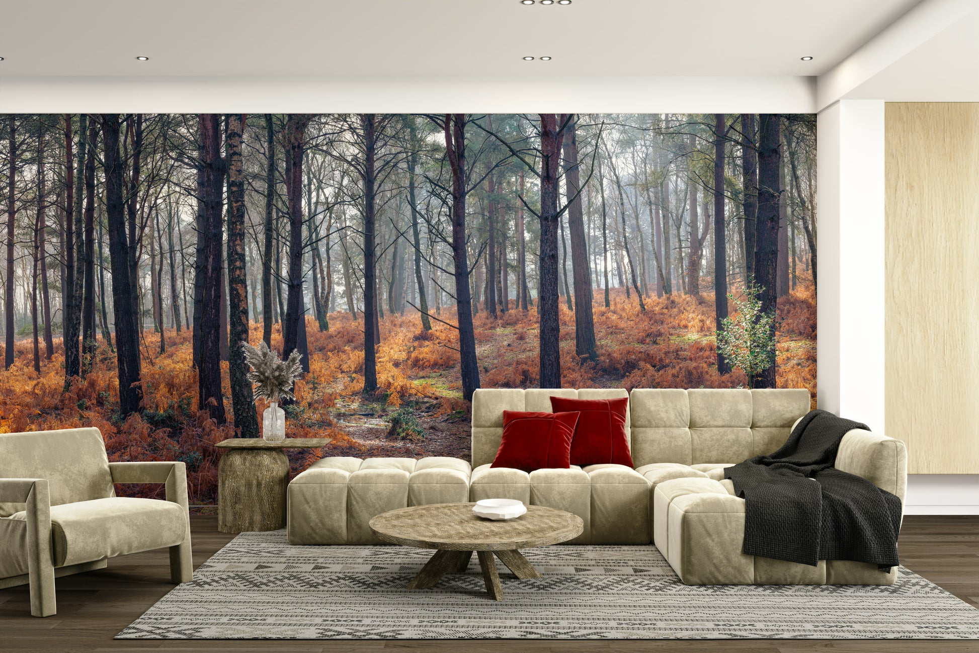 A calming serene forest wallpaper mural that defines a space.

