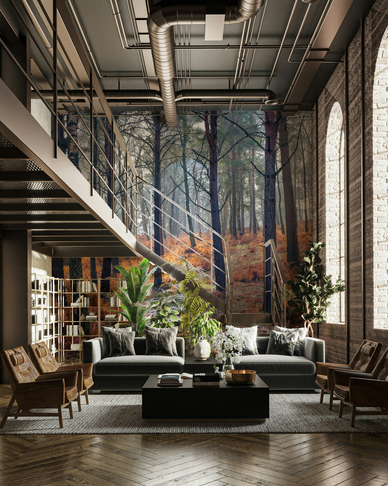 A beautiful serene forest wallpaper mural with subtle light.

