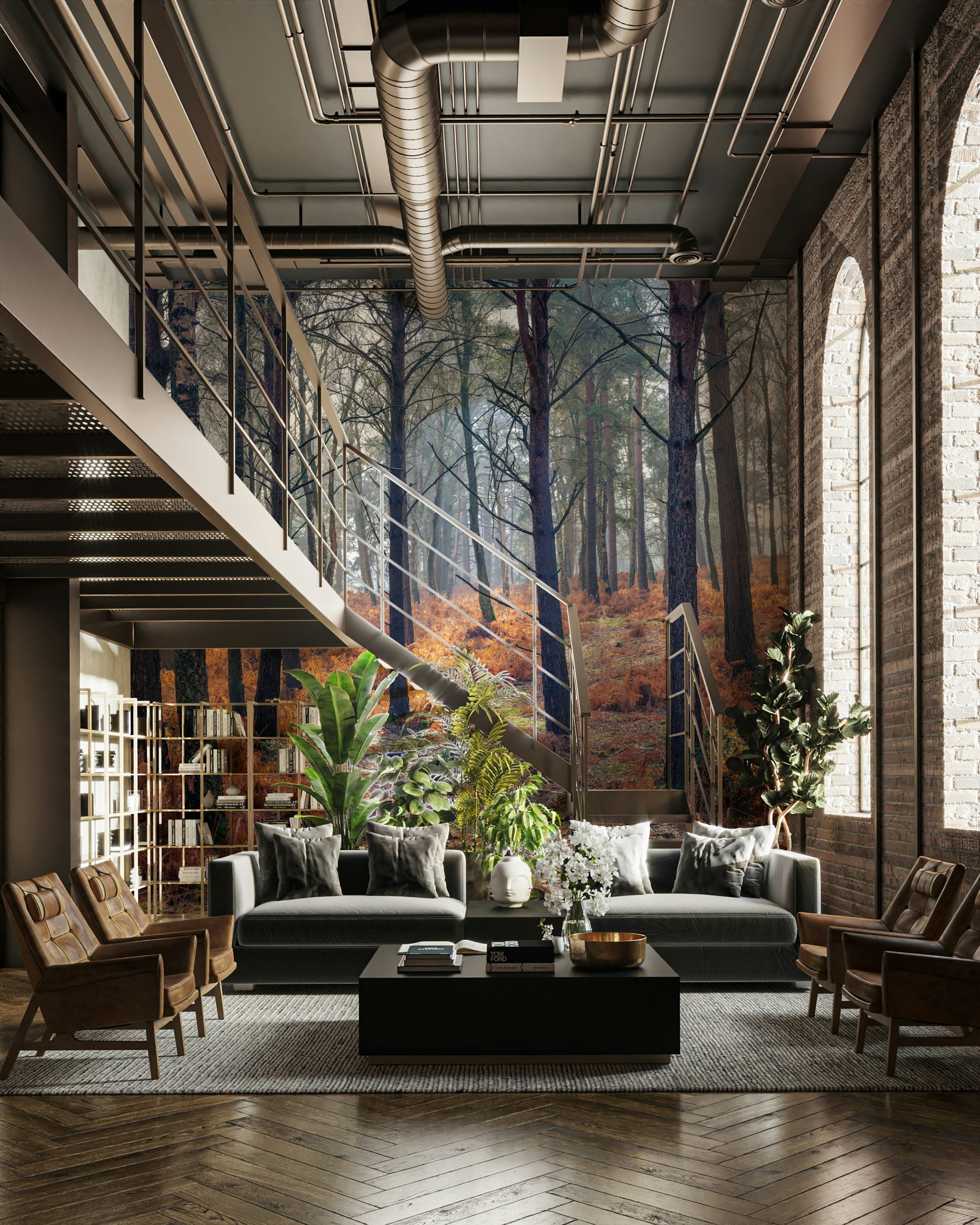 A beautiful serene forest wallpaper mural with subtle light.

