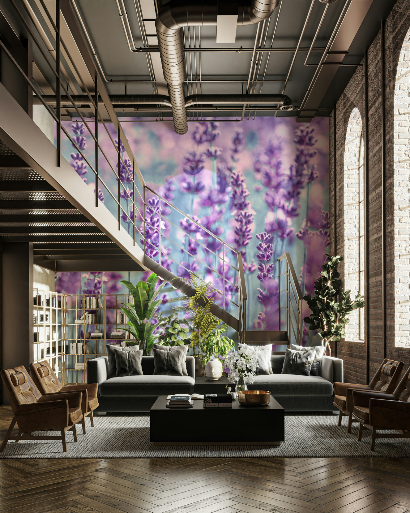 A beautiful lavender field wallpaper mural for a modern room.

