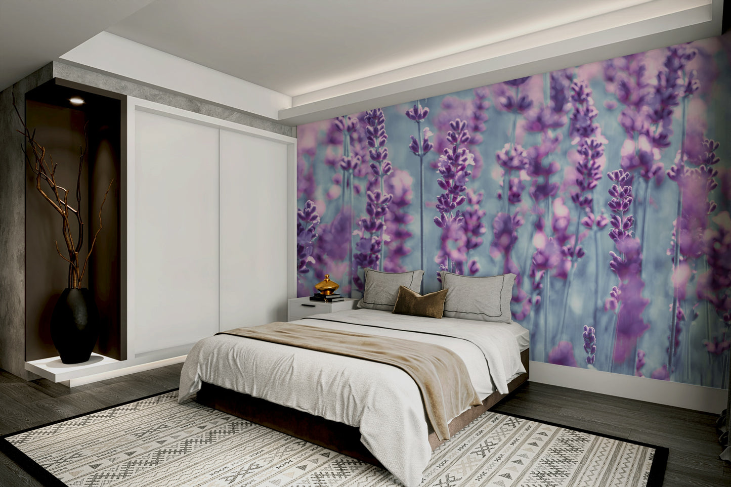 A peaceful flower field mural on decorative wallpaper.

