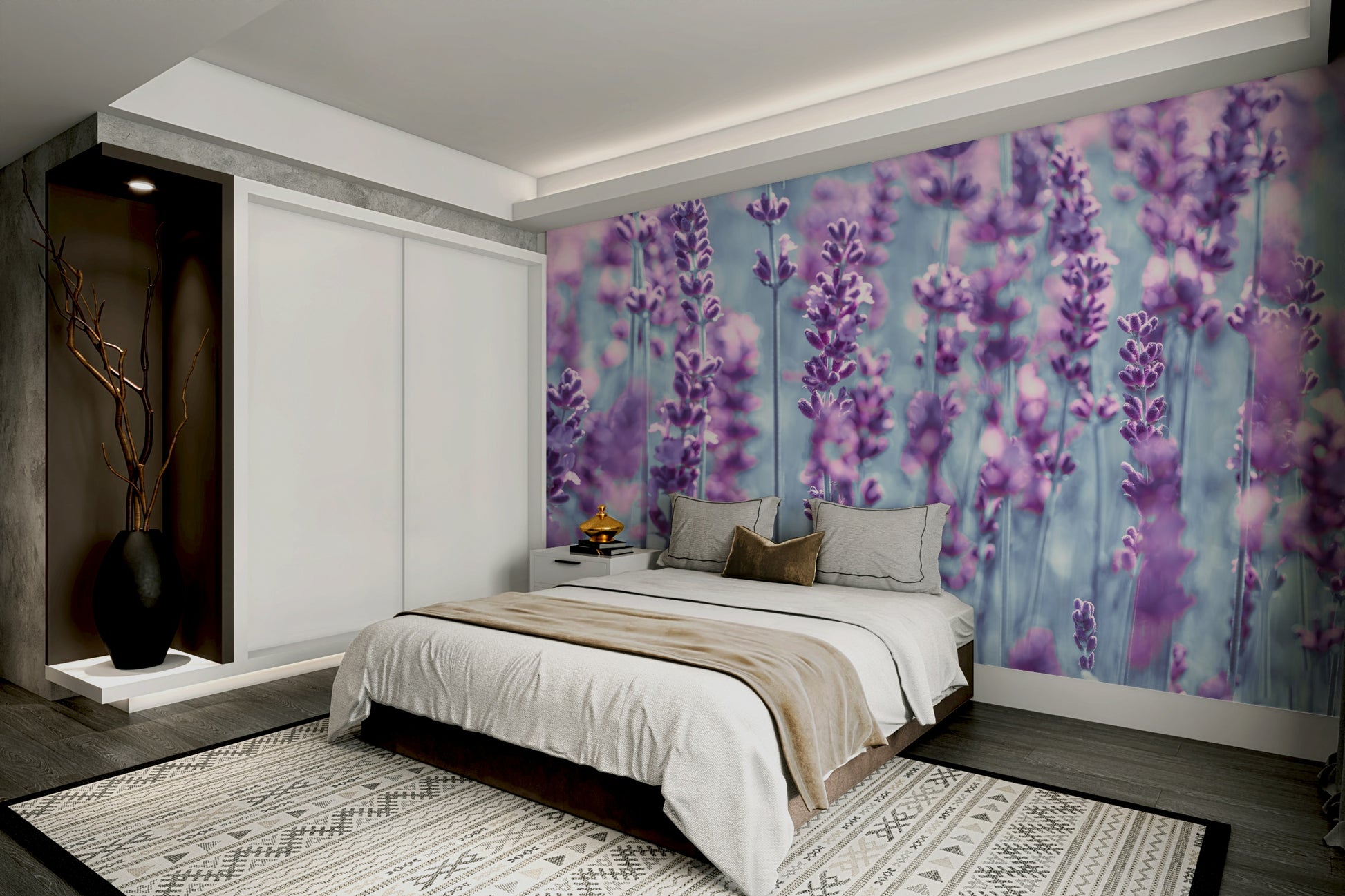 A peaceful flower field mural on decorative wallpaper.

