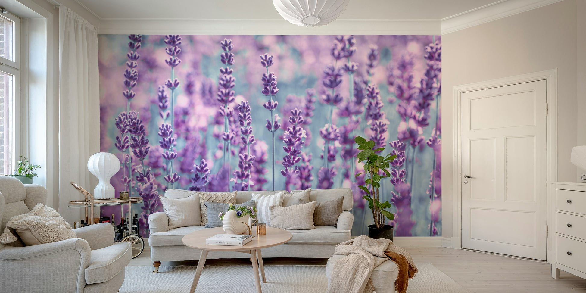 An artistic dreamy landscape mural on minimalist wallpaper.

