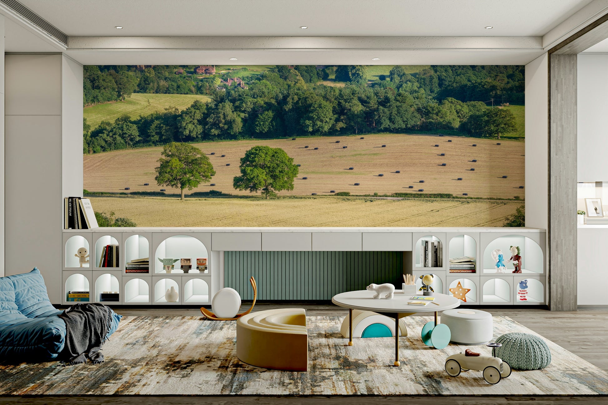 A calming serene mountain wallpaper mural that defines a space.

