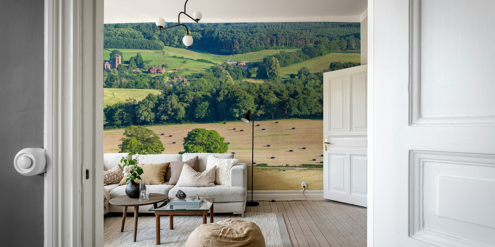 A beautiful wide-angle wall mural of rolling fields.

