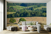 A peaceful open country mural on decorative wallpaper.


