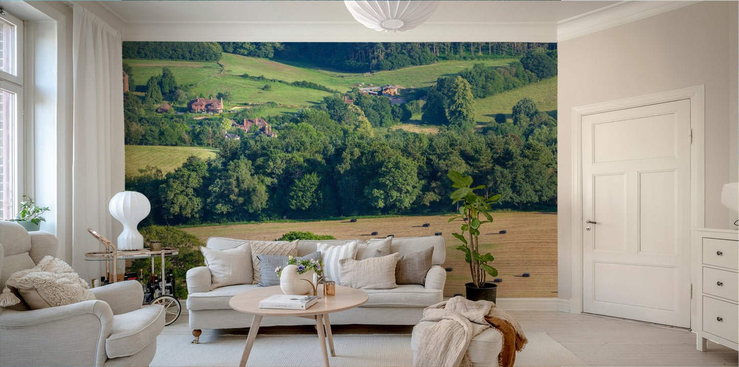 A beautiful serene landscape wallpaper mural of rolling hills.

