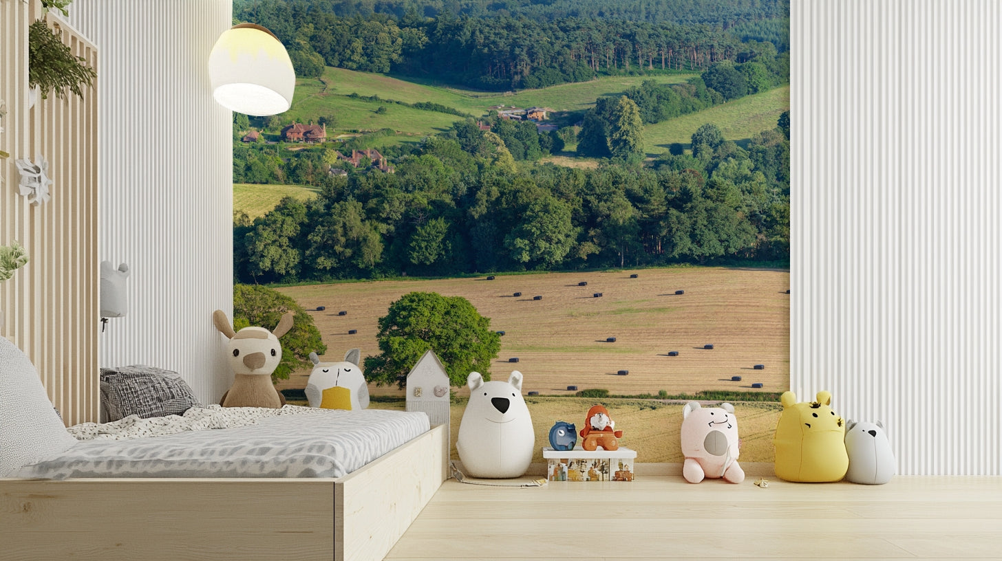 An artistic scenic vista mural on minimalist wallpaper.

