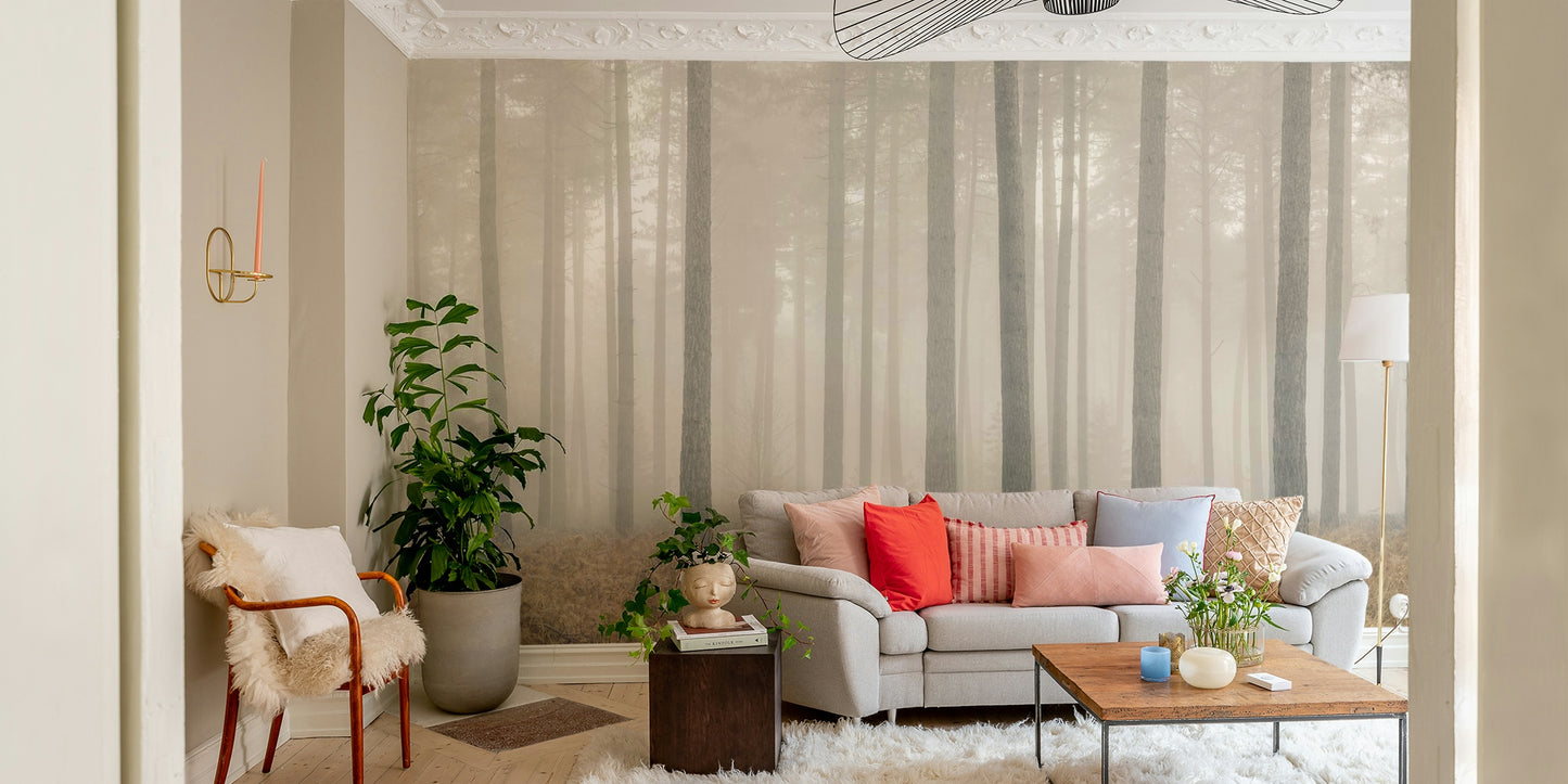 A peaceful modern abstract mural on decorative wallpaper.

