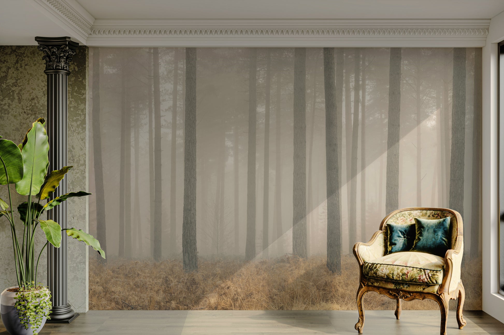 A contemplative dark tone wallpaper mural for a feature wall.


