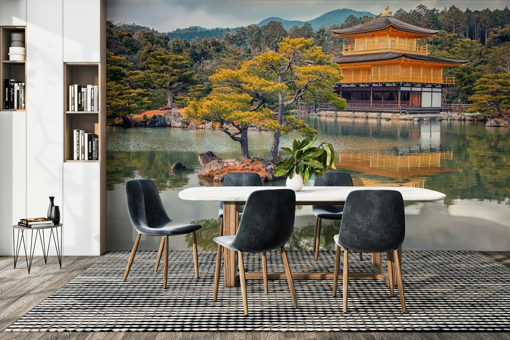 A graceful serene holy wall mural in golden tones.

