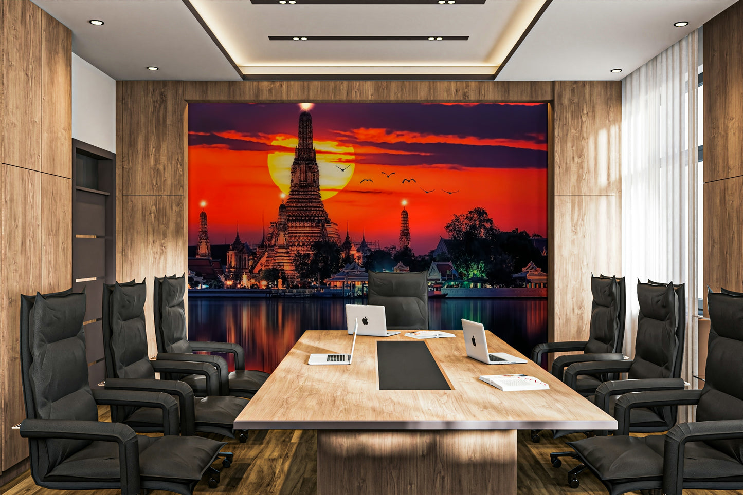 A graceful subtle architecture wall mural in cool, natural tones.

