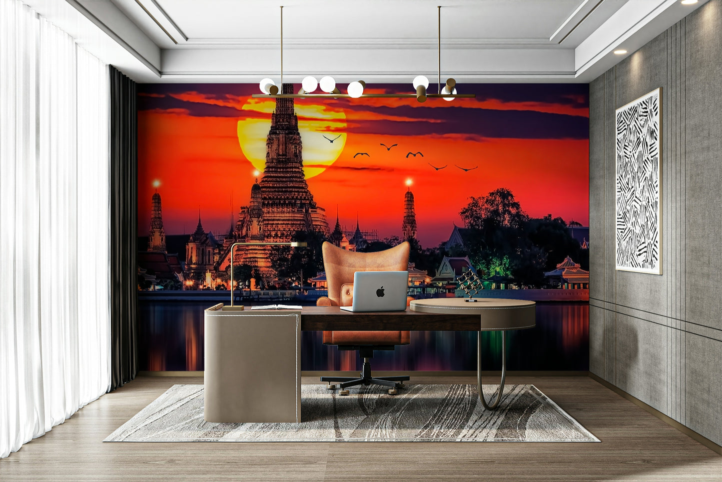 A peaceful metropolitan scene mural on decorative wallpaper.

