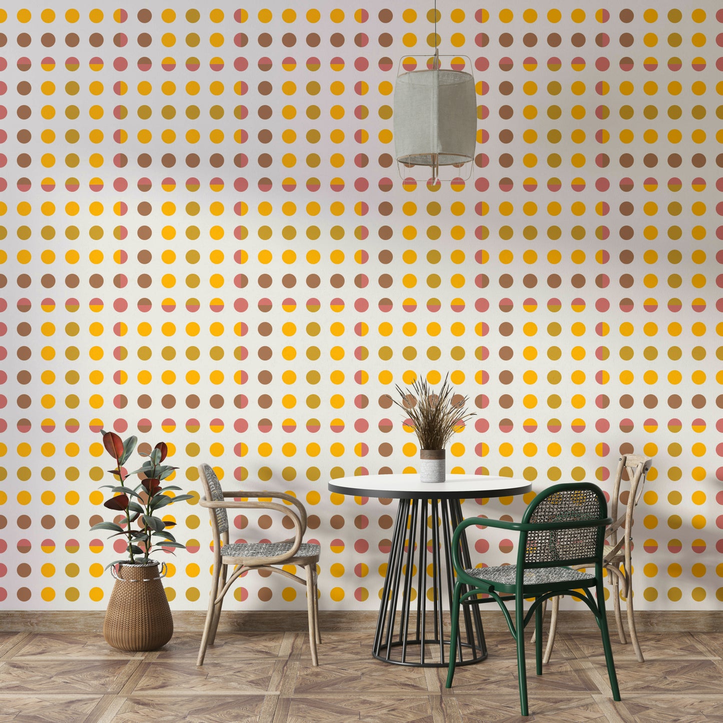 Decorative mural featuring circular dot shapes in a modern, repeating design.