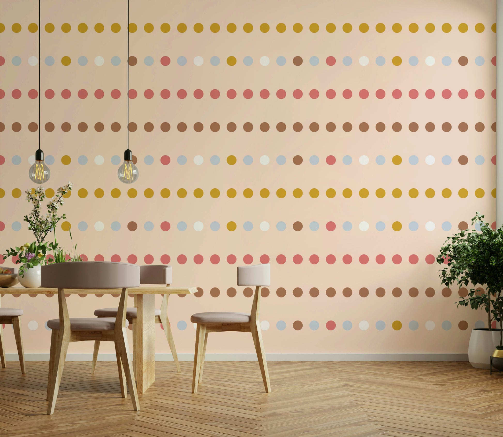 An artistic charming dots mural on minimalist wallpaper.

