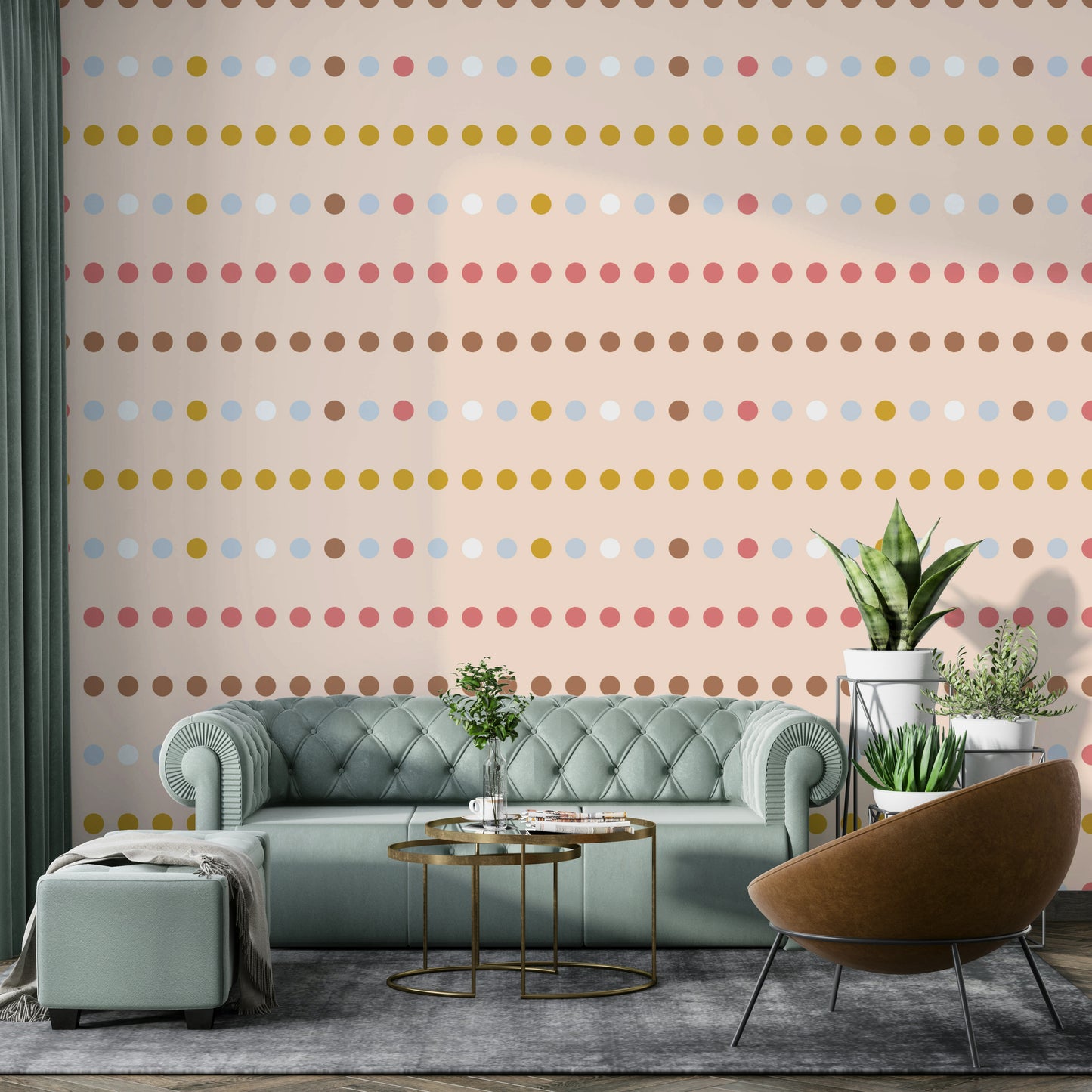 A graceful subtle polka wall mural in bright, natural tones.

