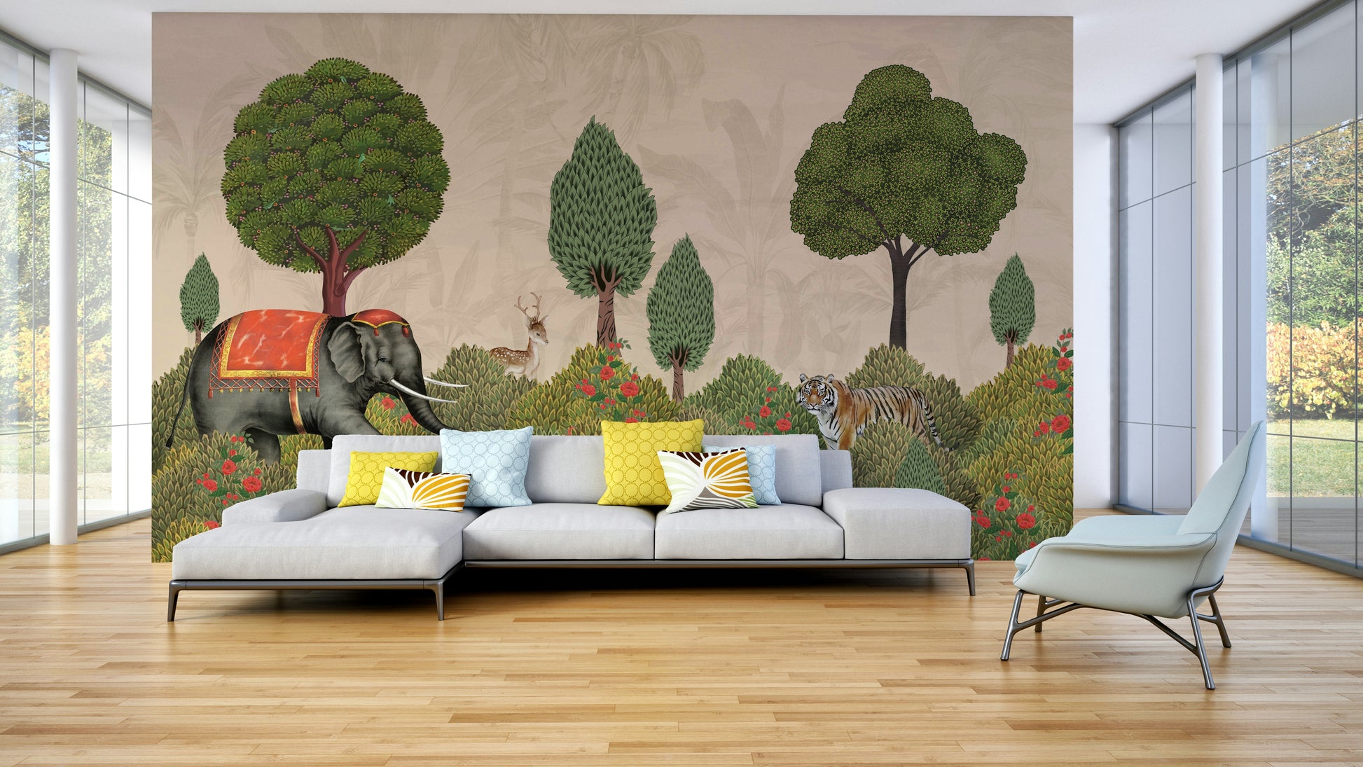A beautiful wide-angle wall mural of towering trees.

