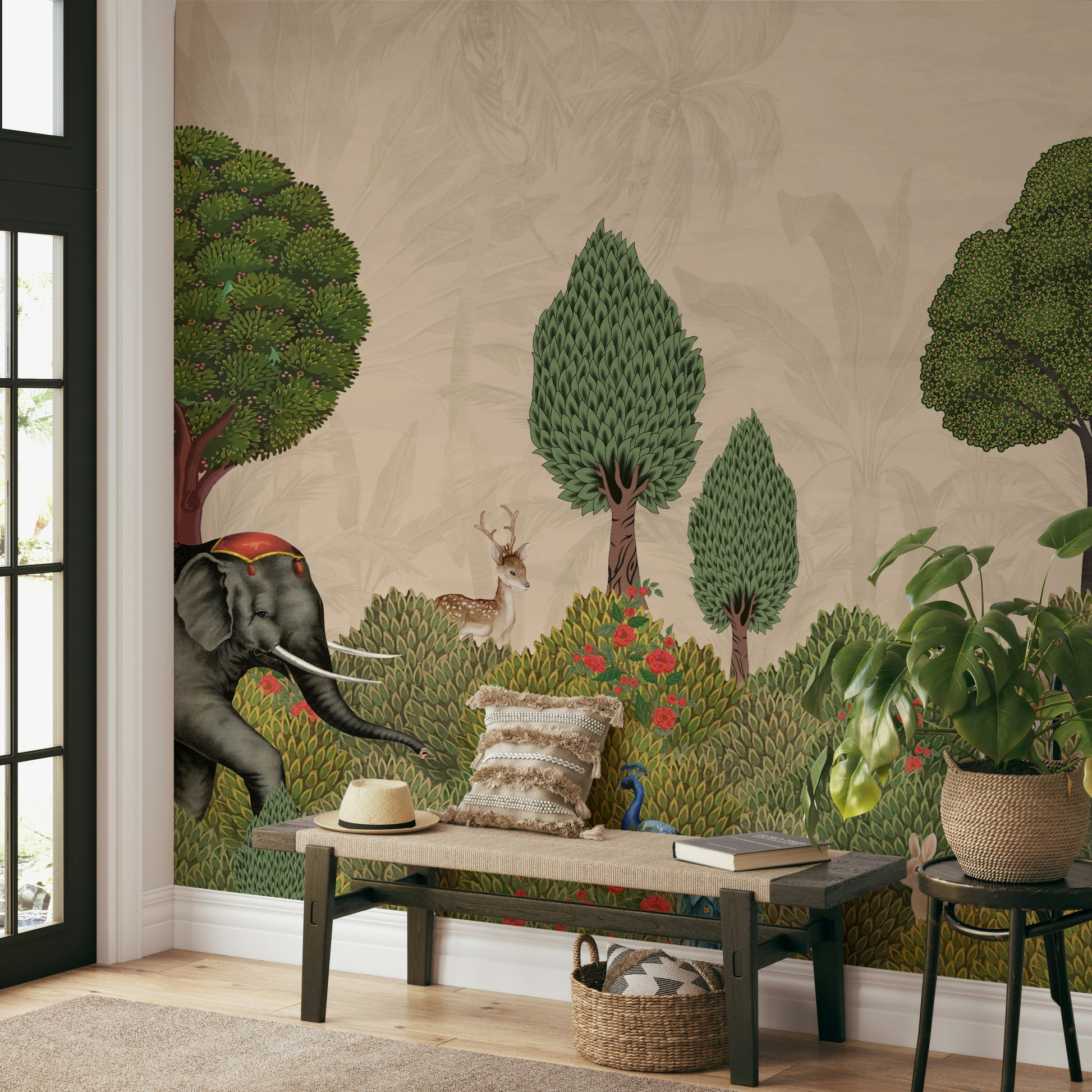 A contemplative lush jungle wallpaper mural for a feature wall.

