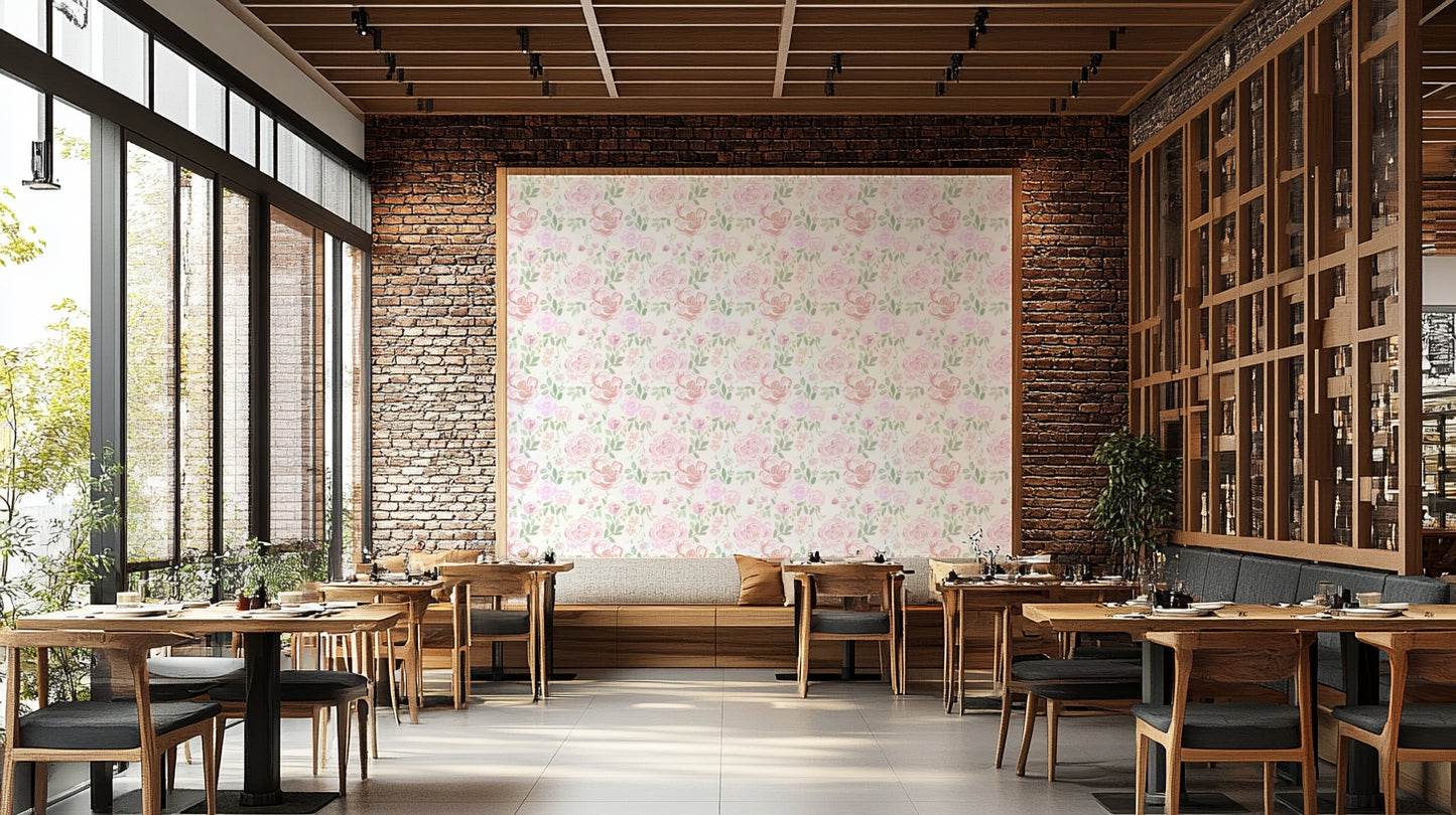 A graceful subtle bloom wall mural in soft, pink tones.

