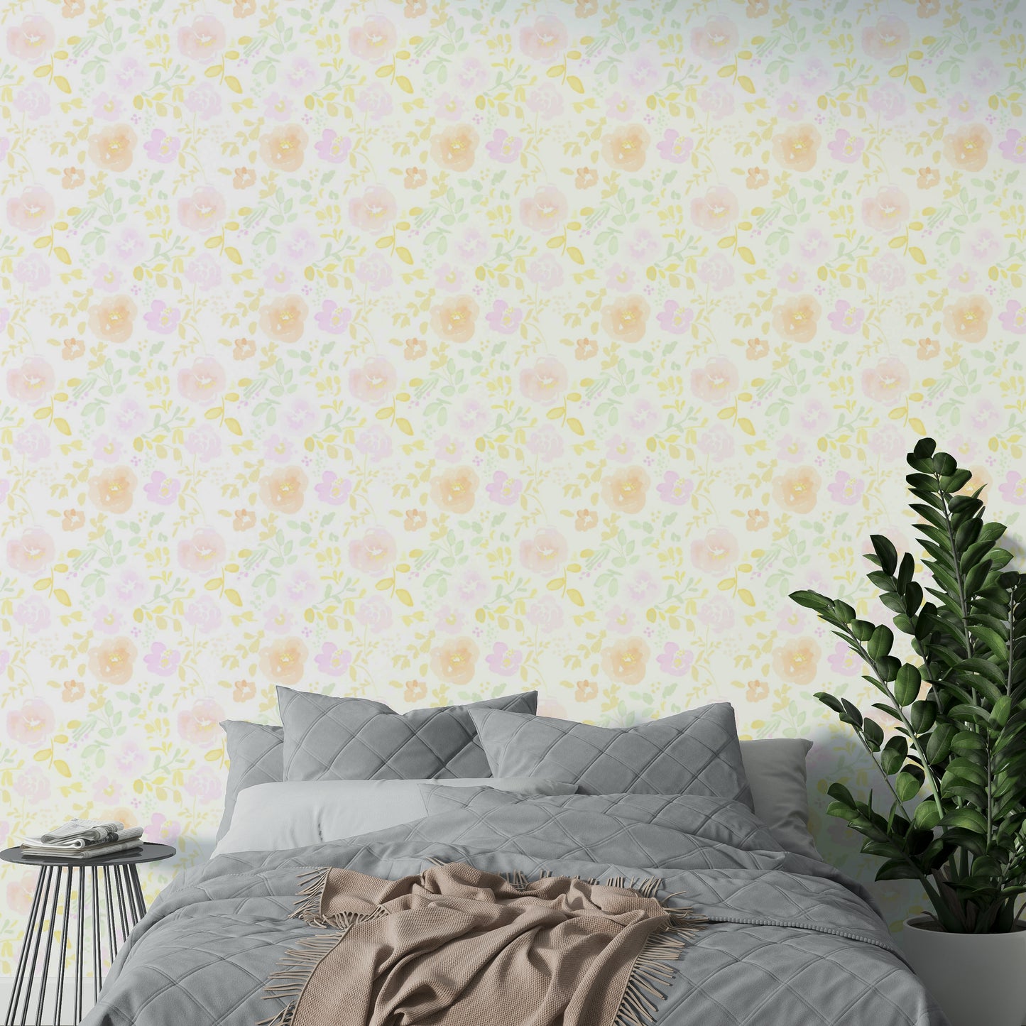 A graceful subtle bloom wall mural in cool, natural tones.

