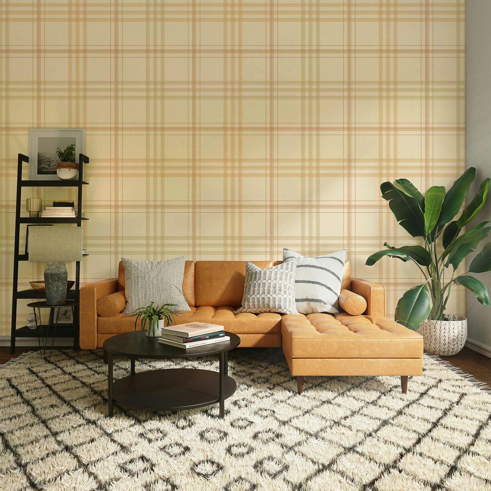 A graceful subtle plaid wall mural in warm, natural tones.

