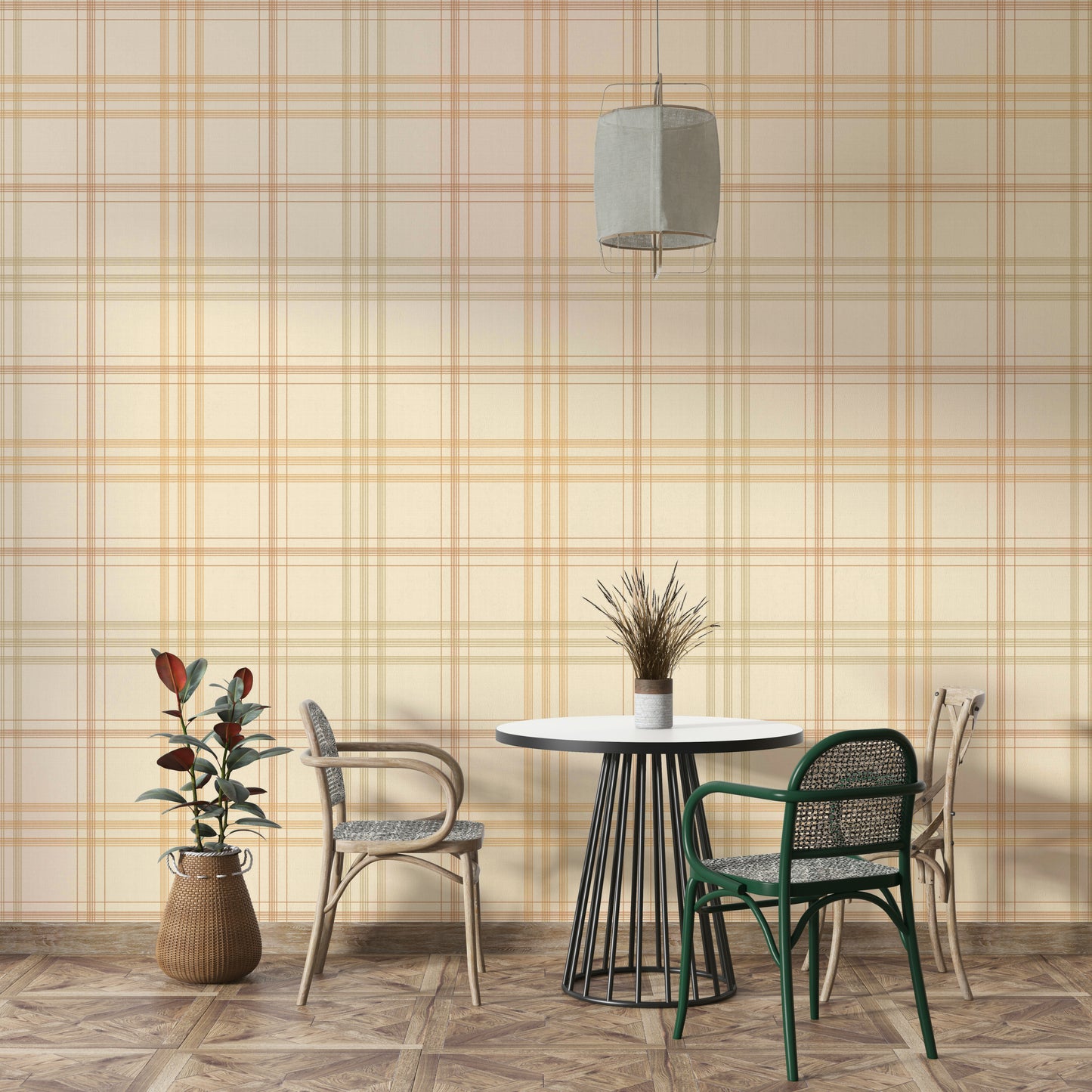 A beautiful retro plaid wall mural for a living room.

