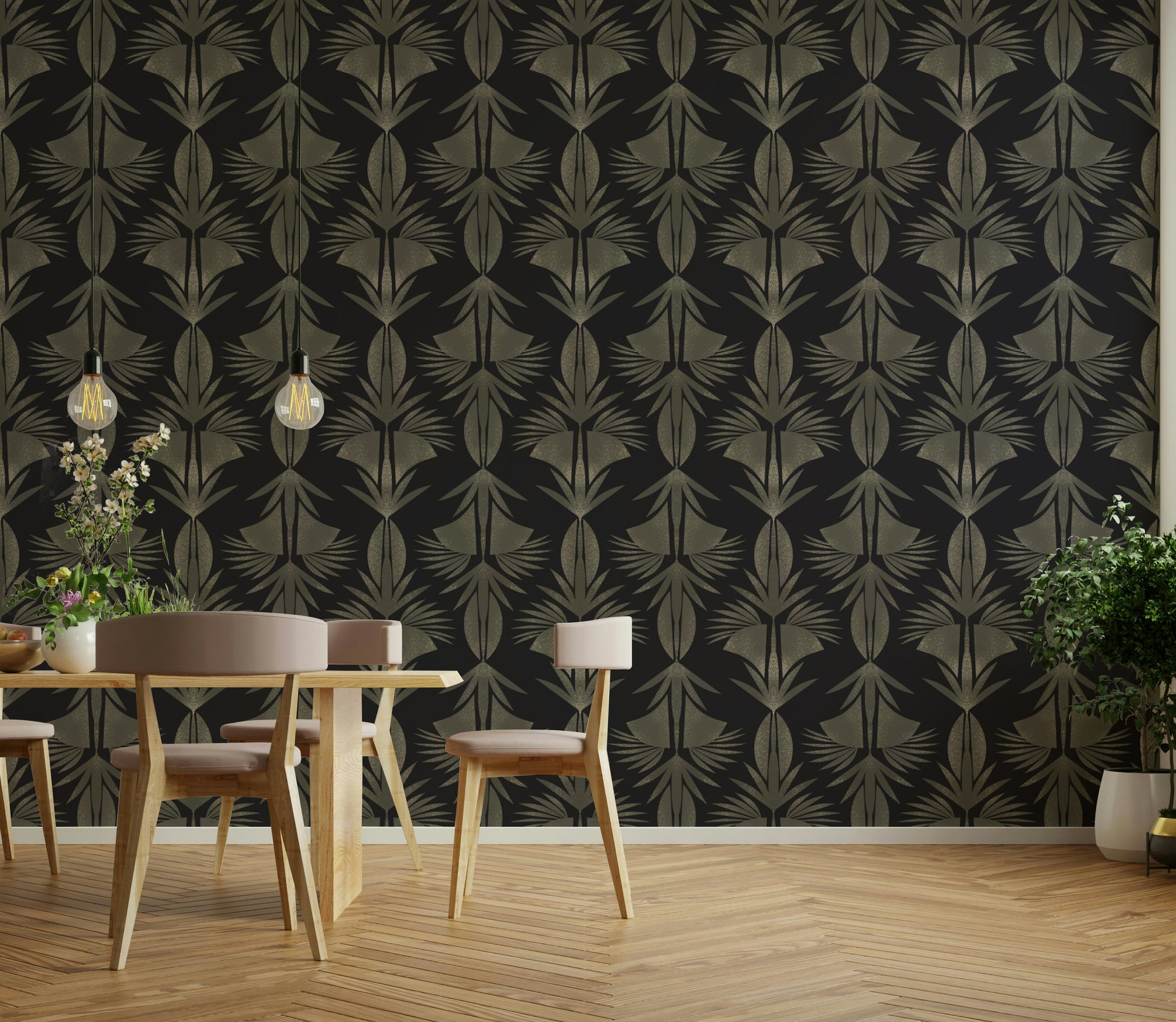 A peaceful geometric leaf mural on decorative wallpaper.


