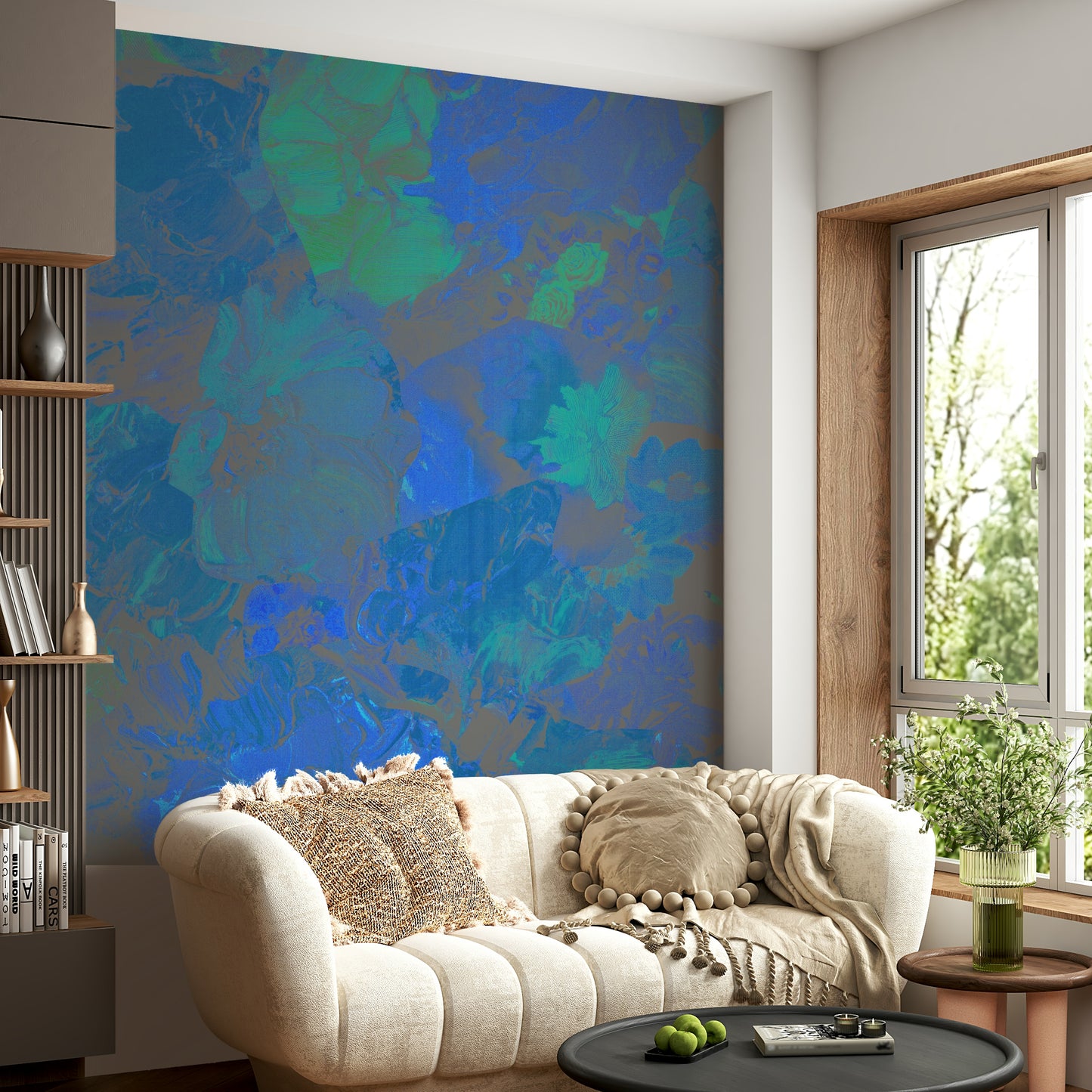 A contemplative azure blue flower wallpaper mural for a feature wall.


