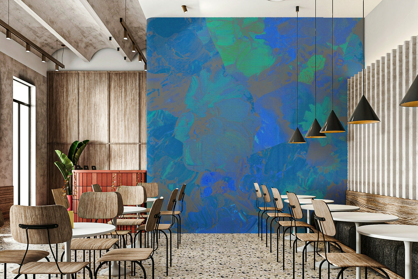 A graceful subtle bloom wall mural in cool, azure tones.

