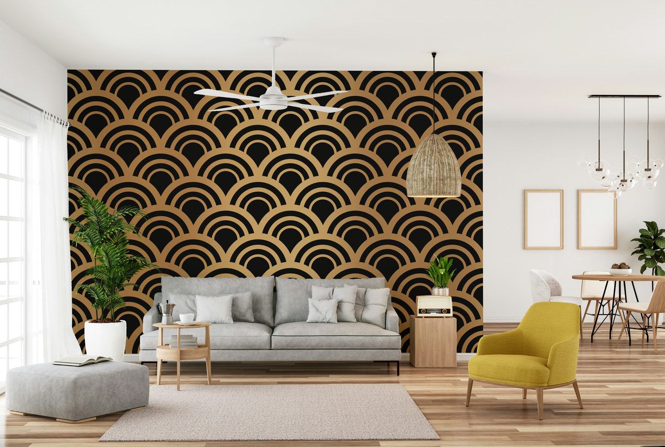 A beautiful luxury gold wallpaper mural with Art Deco waves.

