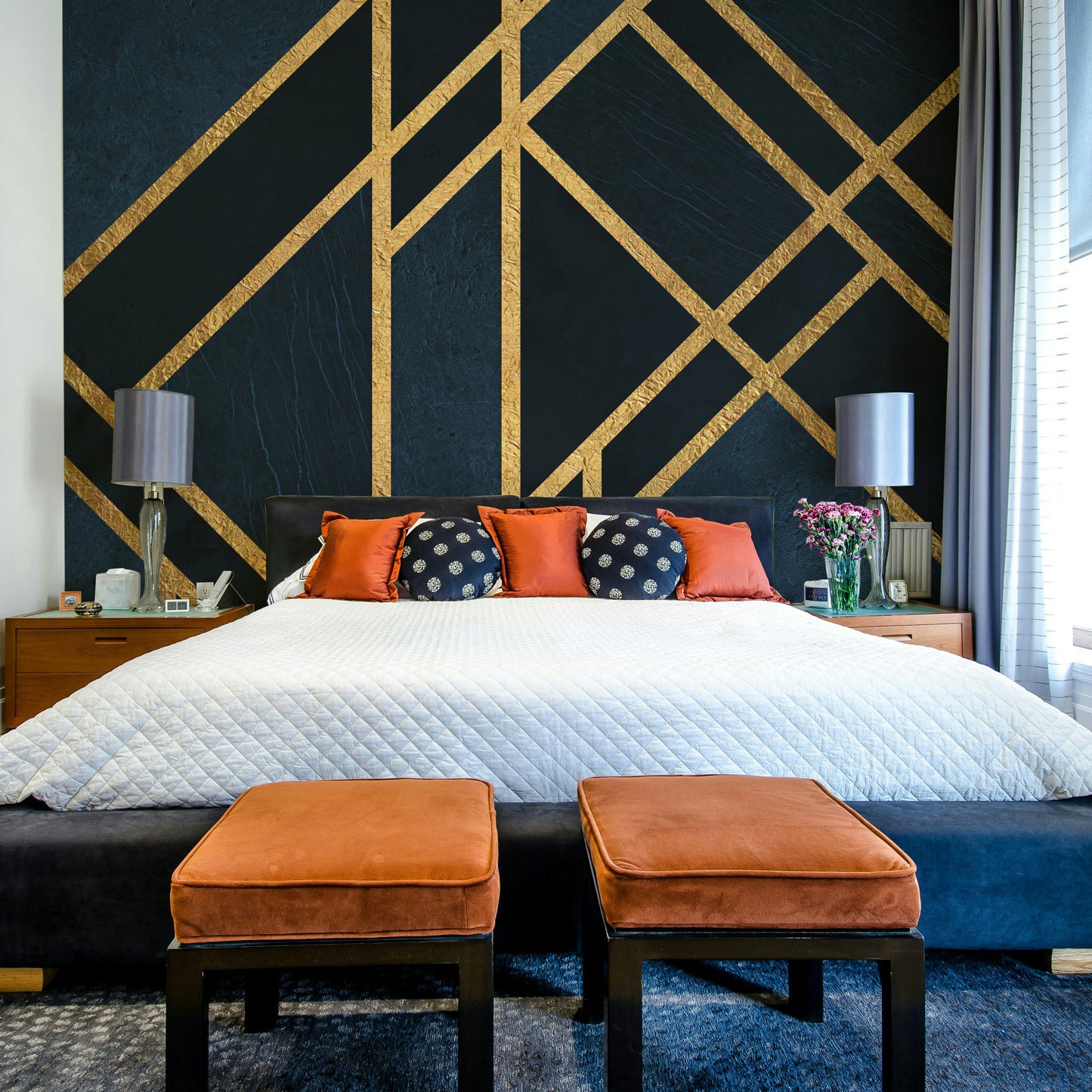 A graceful subtle geometric wall mural in dark, elegant tones.

