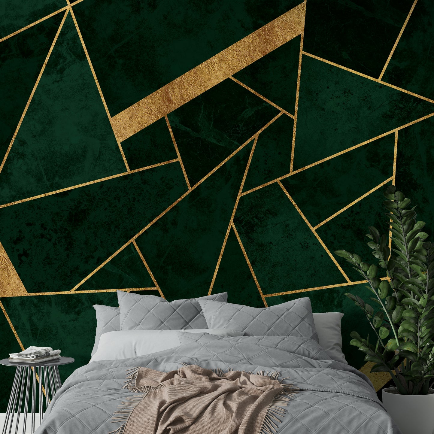 A graceful subtle geometric wall mural in rich, dark tones.


