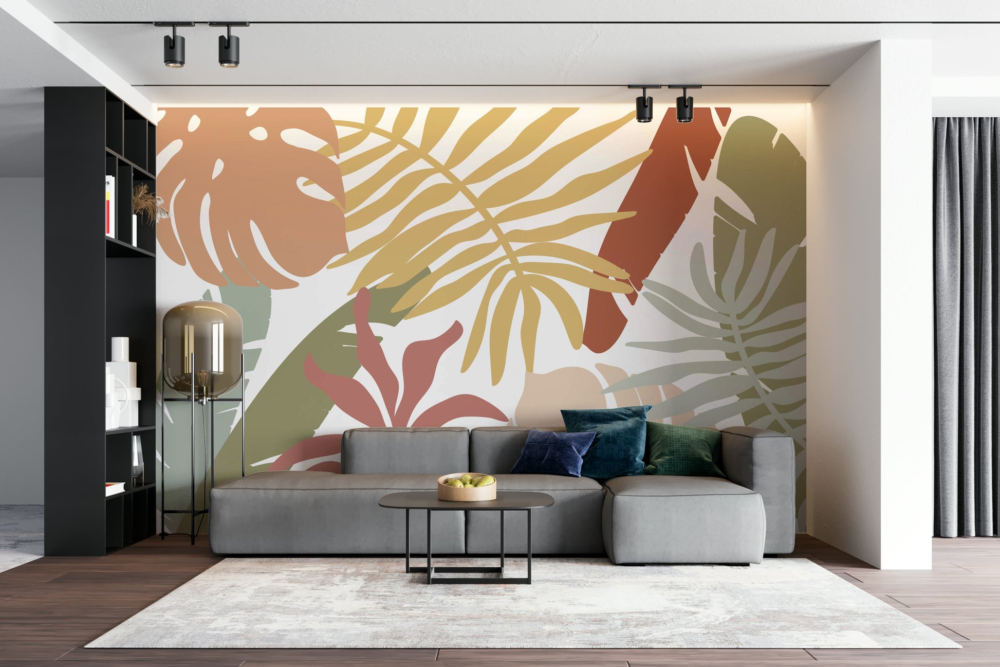 A graceful subtle leaf wall mural in cool, natural tones.

