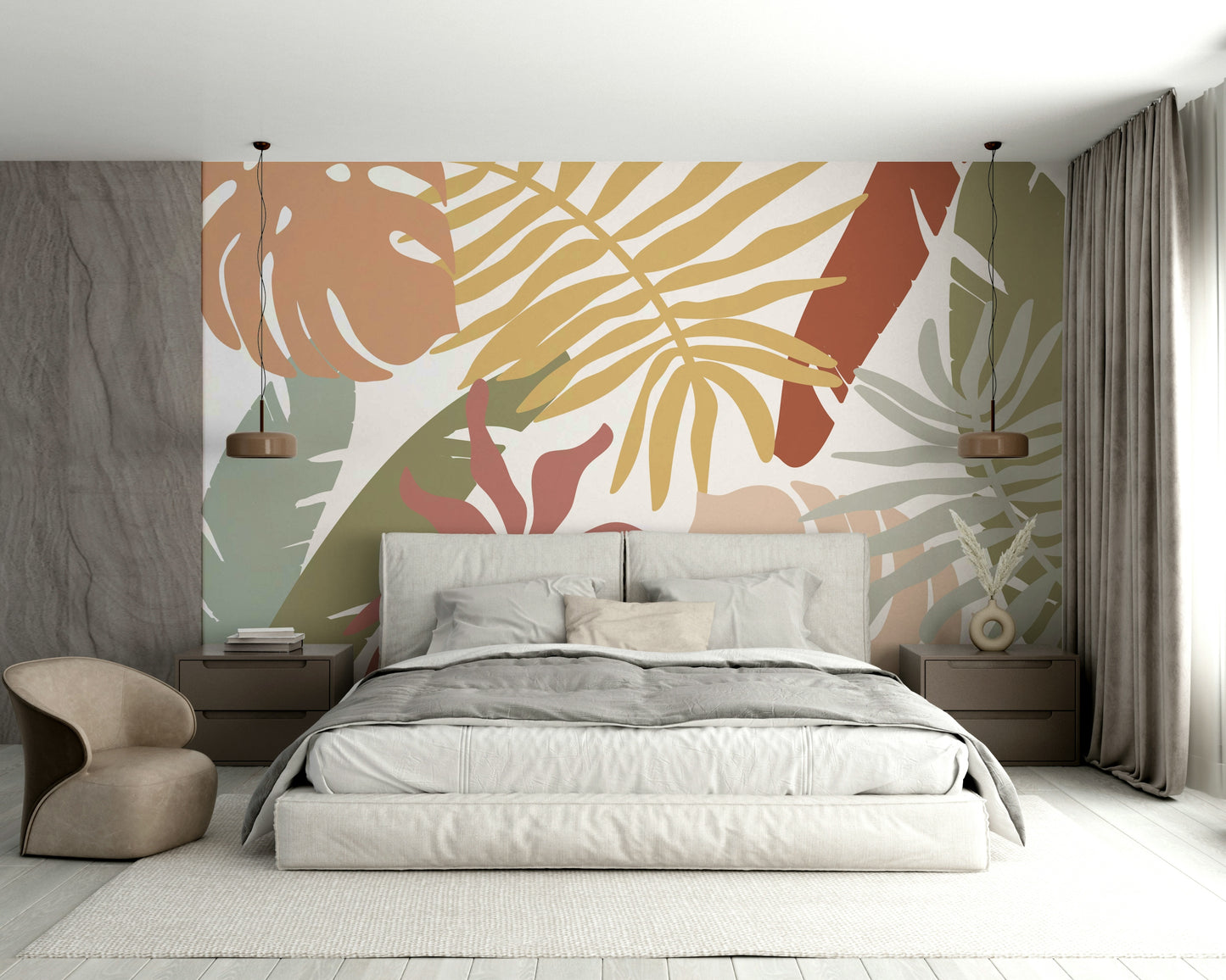 A beautiful boho tropical leaf wallpaper mural for a modern home.


