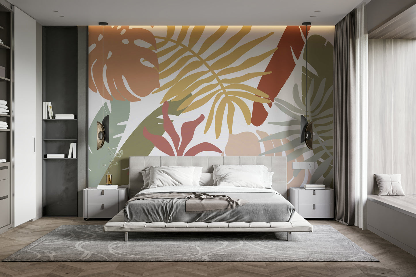 A calming foliage design wallpaper mural that defines a space.

