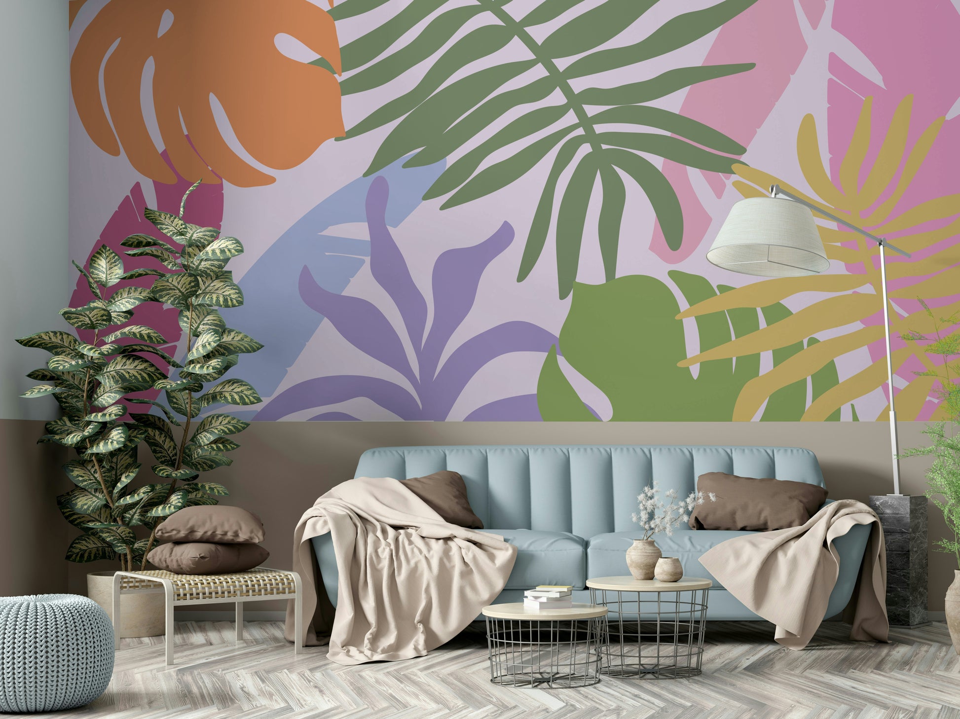 A serene lush jungle wall mural for exotic decor.

