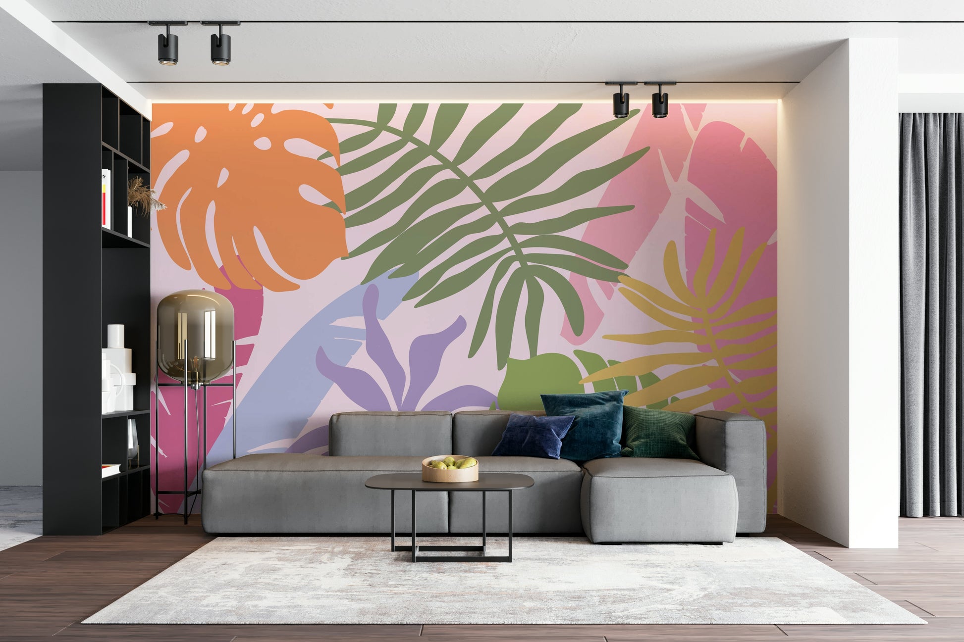 A peaceful tropical forest mural on decorative wallpaper.

