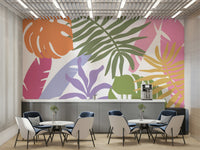 A peaceful tropical forest mural on decorative wallpaper.

