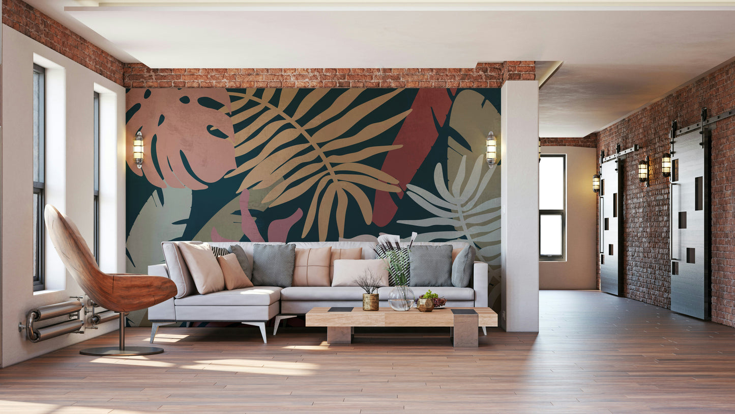 A beautiful wide-angle wall mural of plant leaves.

