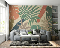 A beautiful earthy jungle wallpaper mural with lush foliage.

