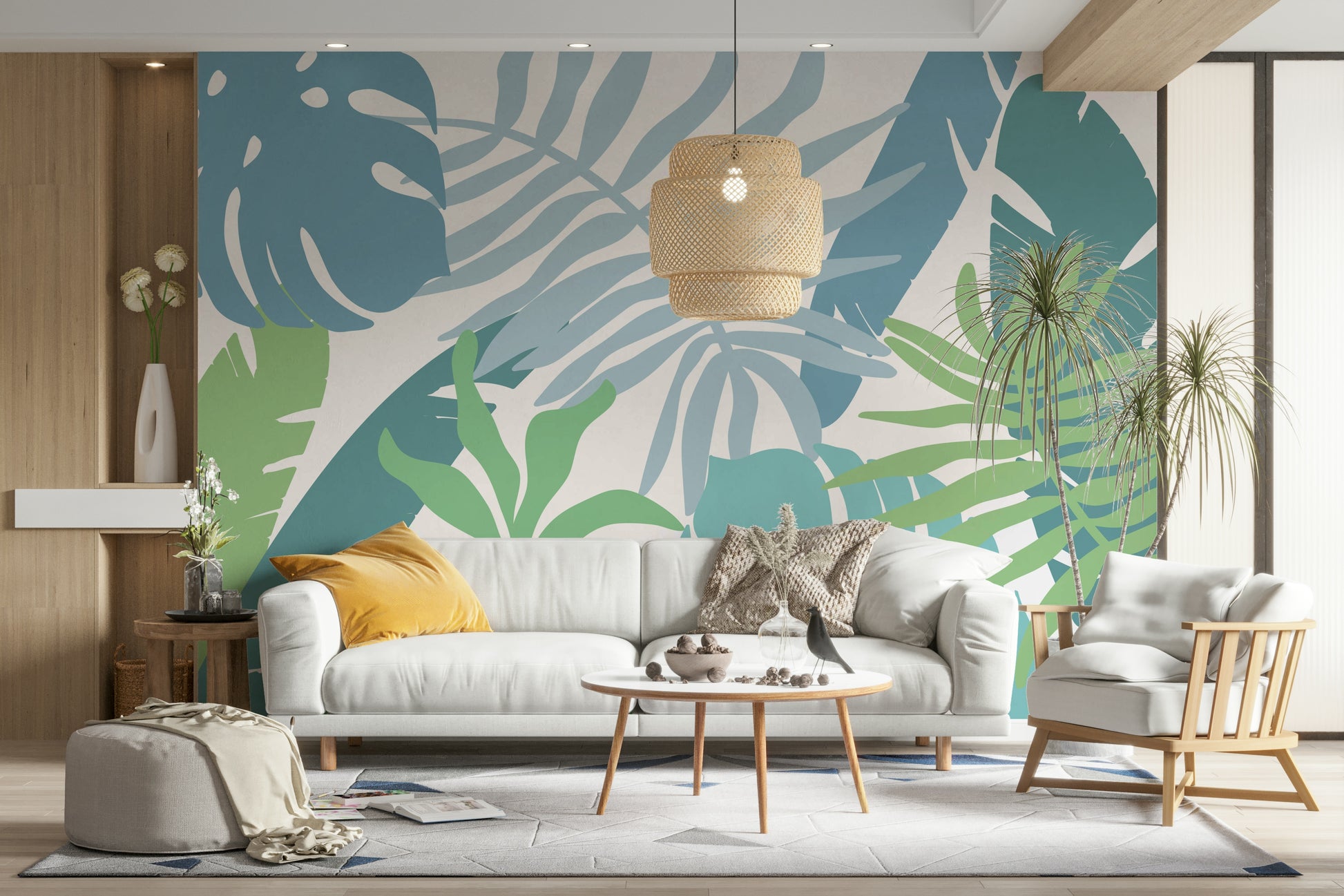 A beautiful leafy blue wallpaper mural for a modern home.

