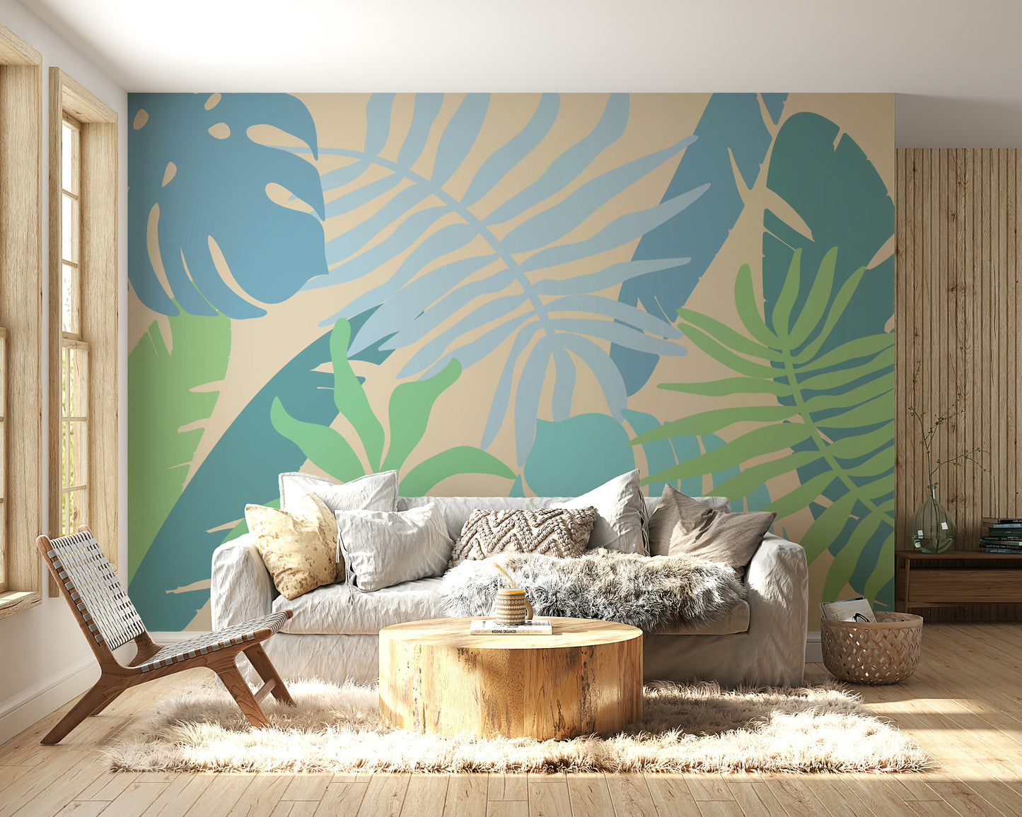 A graceful subtle leaf wall mural in cool, natural tones.

