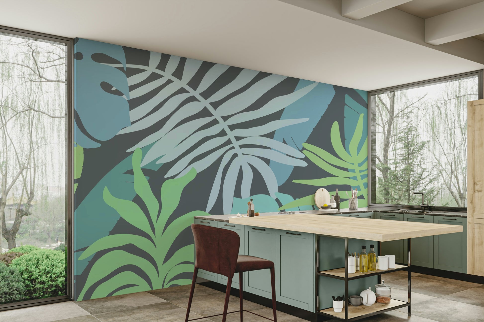 A beautiful tropical foliage wall mural for a living room.

