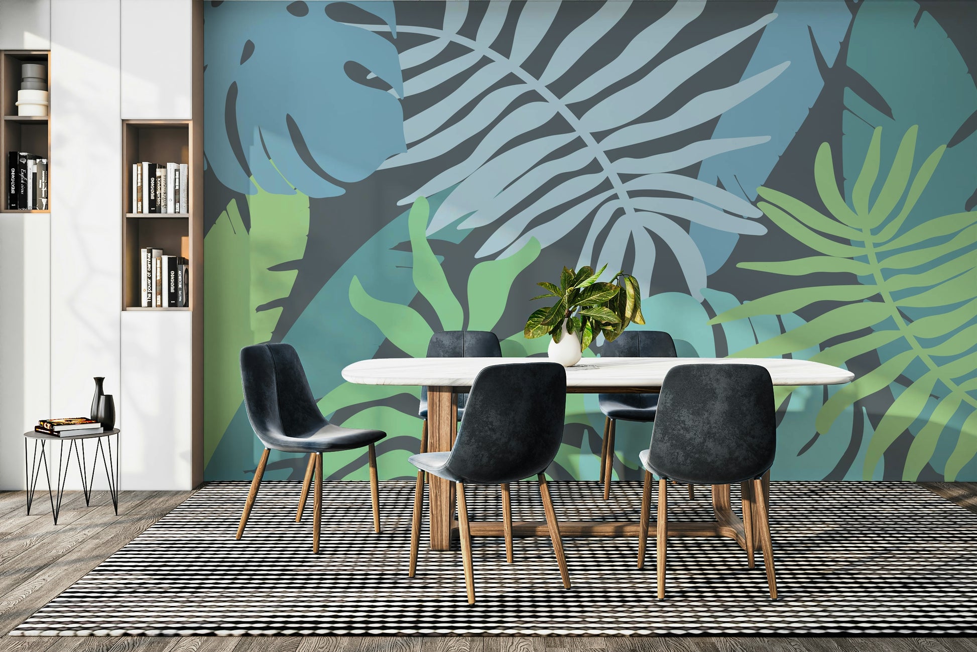 A peaceful open jungle mural on decorative wallpaper.

