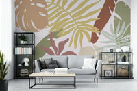 A graceful subtle palm wall mural in warm, earthy tones.

