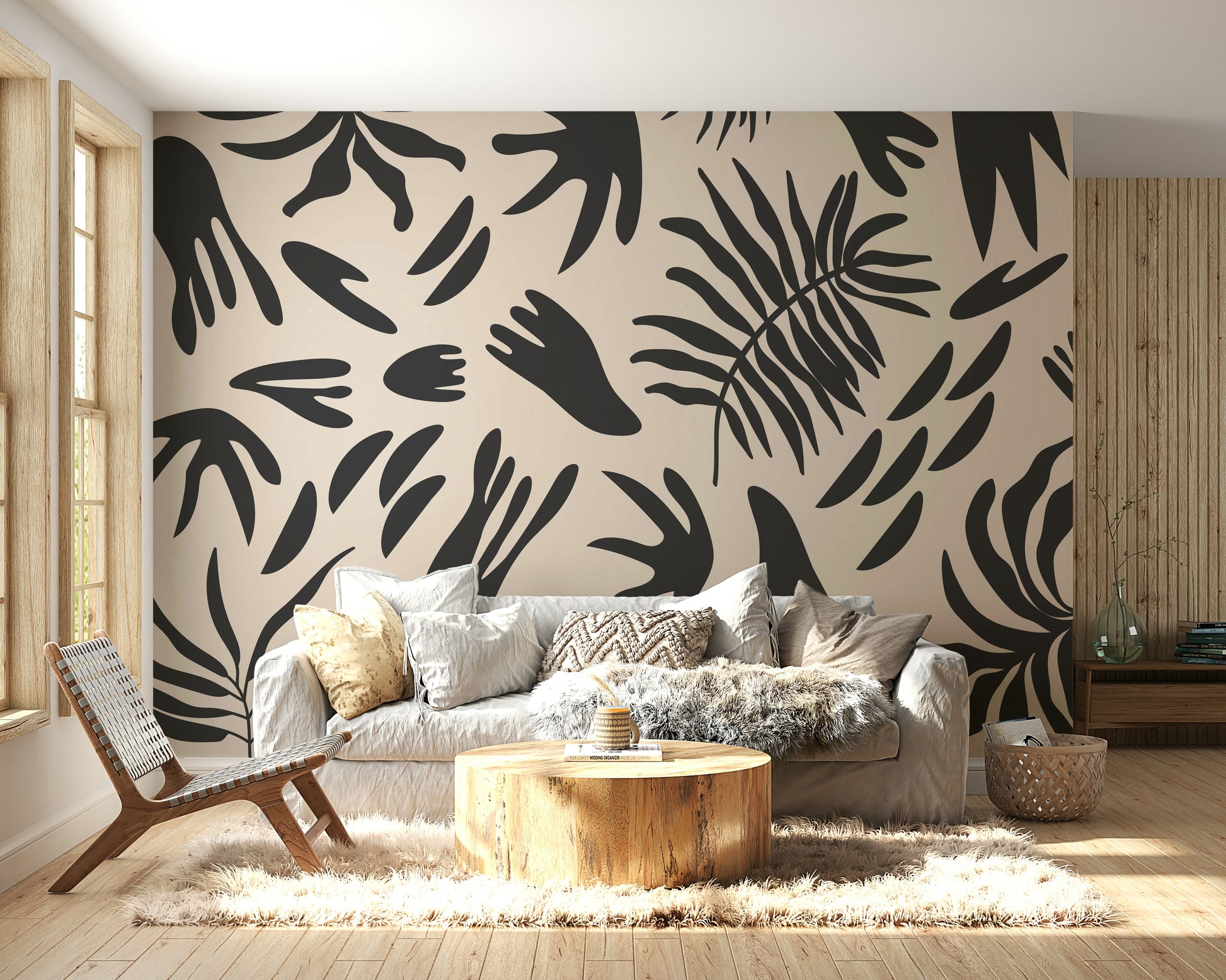 A graceful subtle leaf wall mural in cool, natural tones.

