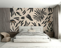 A peaceful botanical cutout mural on decorative wallpaper.

