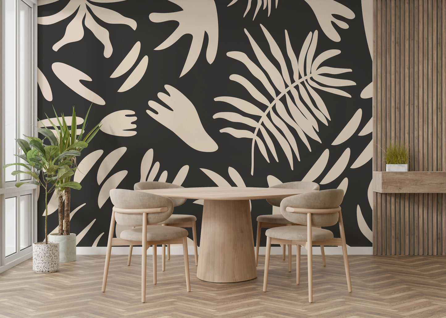 An artistic flowing shape mural on minimalist wallpaper.

