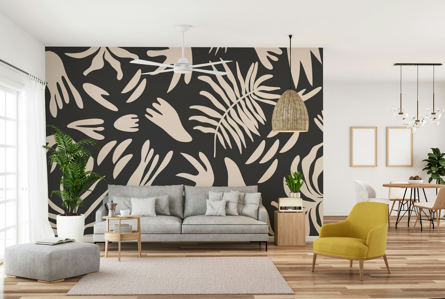 A beautiful modern art wall mural of flowing shapes.

