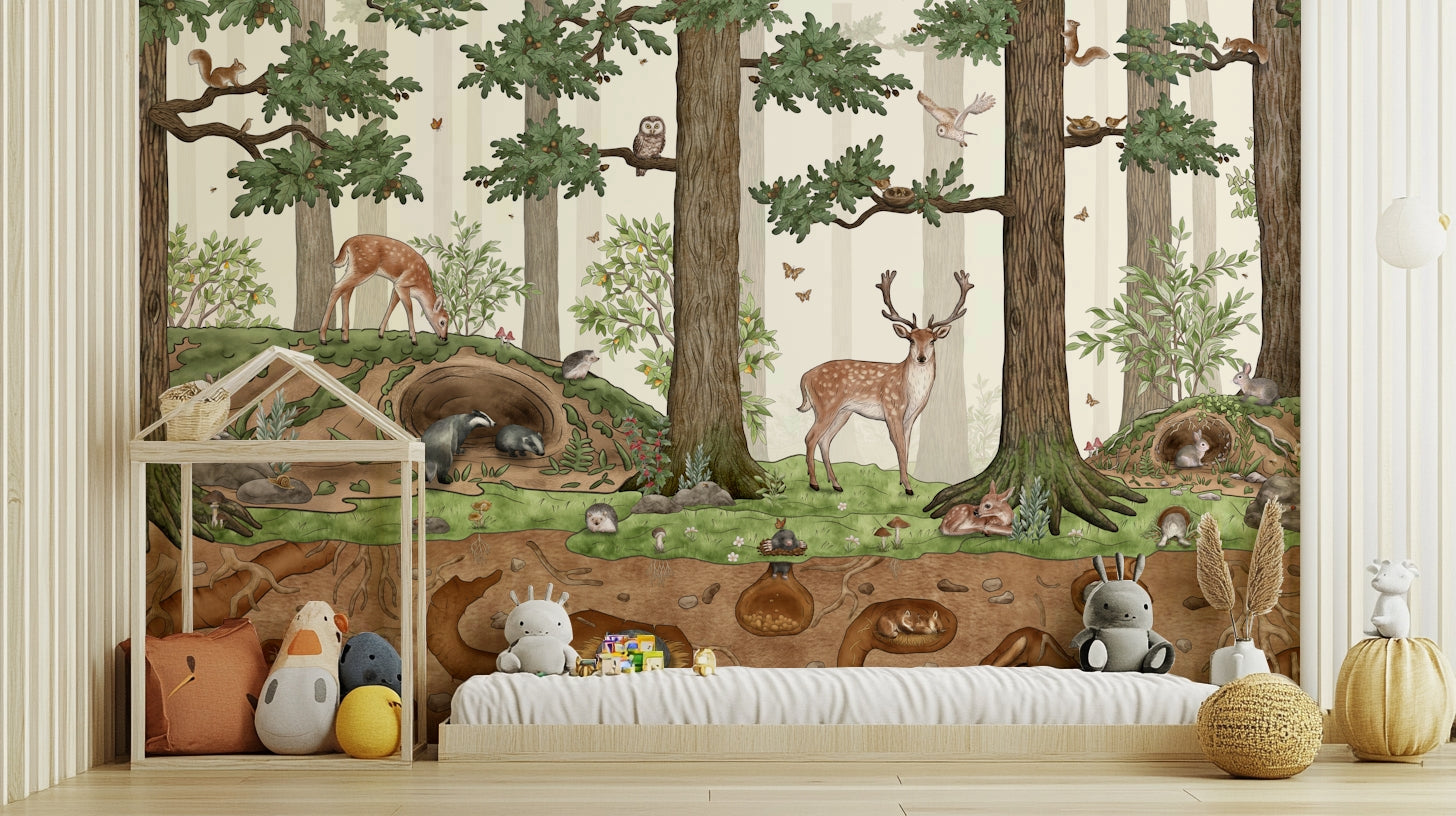 A graceful subtle animal wall mural in cool, natural tones.

